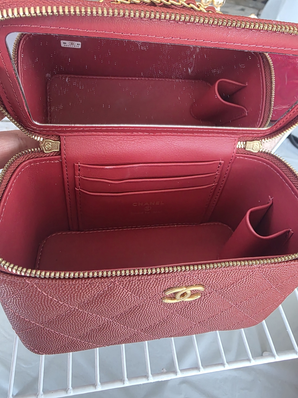 Inspired Chanel Burgundy Quilted Vanity Bag with Gold Chain Handle - Picture 2 of 2
